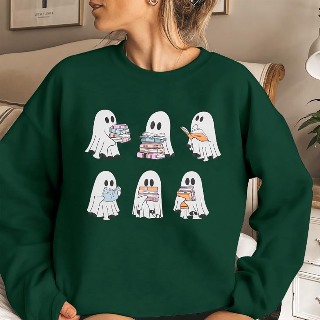 KimSoong Halloween Sweatshirts for Women Ghost Reading Books Sweater Cute Spooky Bookish Shirt Fall Pullover Tops