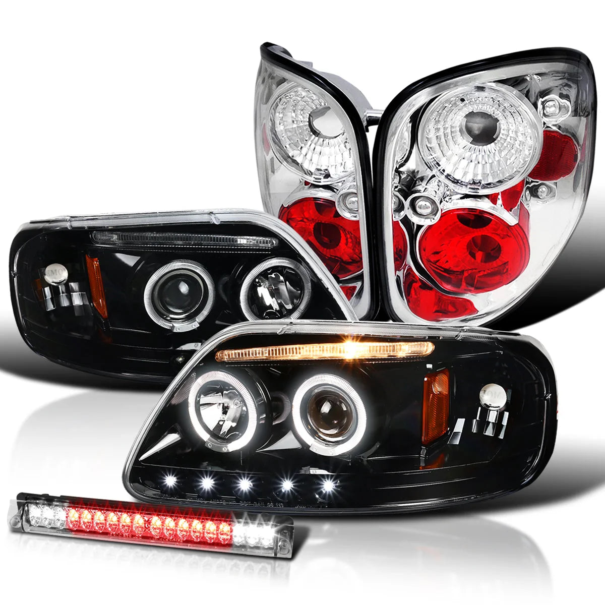 Spec-D Tuning Black LED Strip Projector Headlights With 6-LED Fog Lamps - Ford F150 Flareside 1997-2003, 04 Heritage
