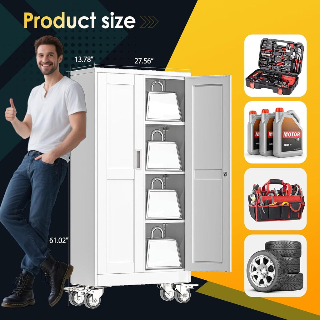 Erosoei 61"H Metal Garage Storage Cabinet with Wheels, Tool Storage Cabinet with 3 Adjustable Shelves
