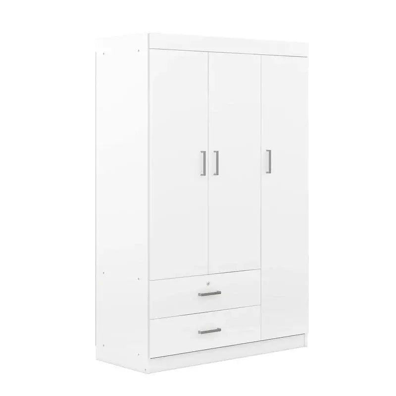 3-Door Wardrobe With Dual Drawers, Shelves And Hanging Rail - 41.3L x 18.5W x 68.2H