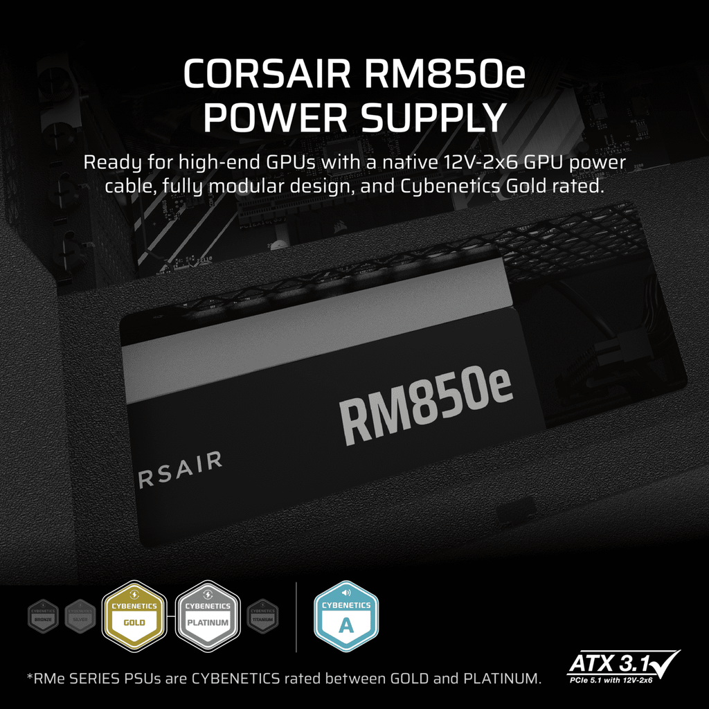 CORSAIR RM850e Fully Modular Low-Noise ATX Power Supply, ATX 3.1 & PCIe 5.1 Compliant, 105°C-Rated Capacitors, Cybenetics Gold Efficiency