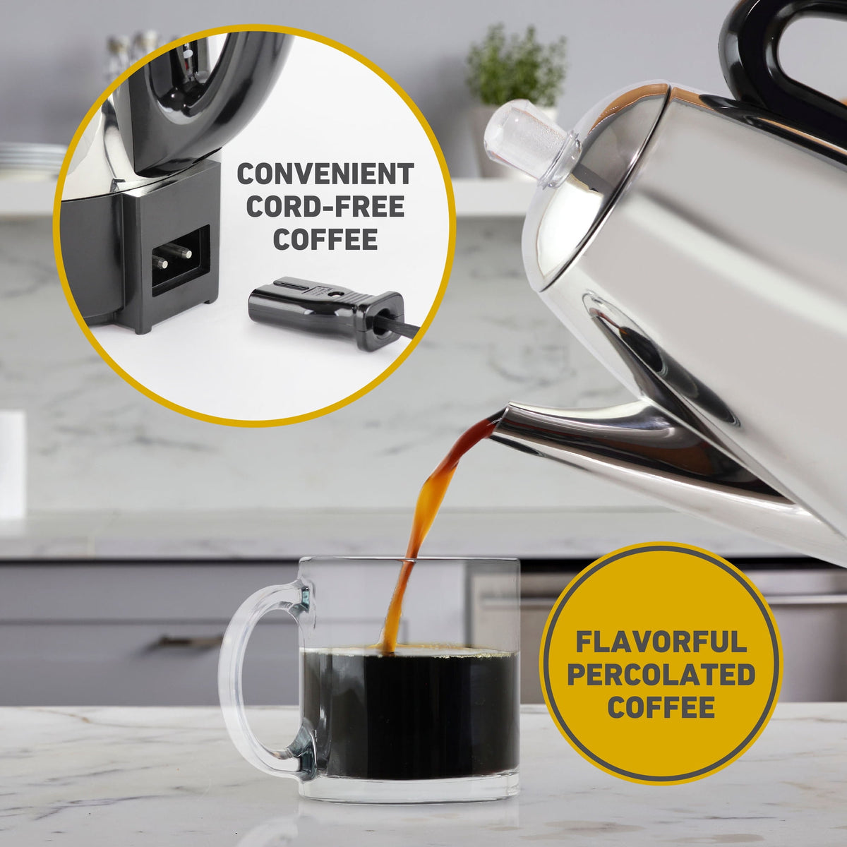 West Bend Classic 12-Cup Coffee Percolator, Cordless Serving, Ready-to-Serve Light, Stainless Steel, in Silver (54159)