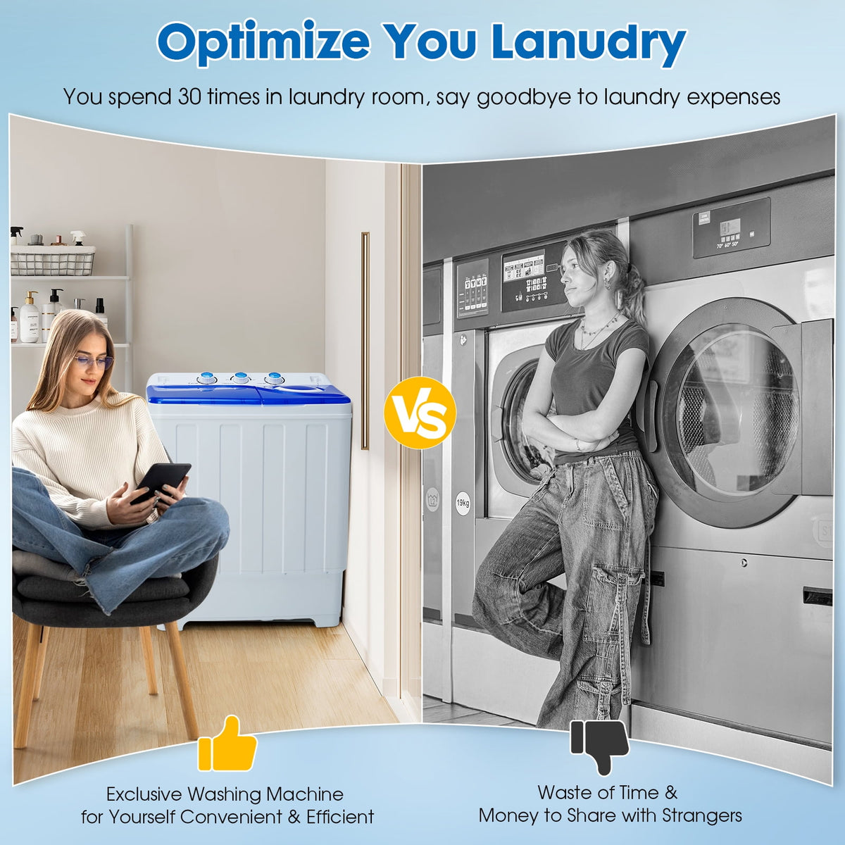 Dawmilon 28lbs Portable Twin Tub Washing Machine with Drain Pump, Compact Laundry Washer for Apartments, Dorms, Blue