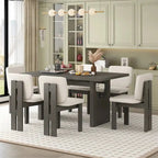 7-Piece Solid Wood Dining Set With Trestle-Base Rectangular Table And 6 Upholstered Chairs