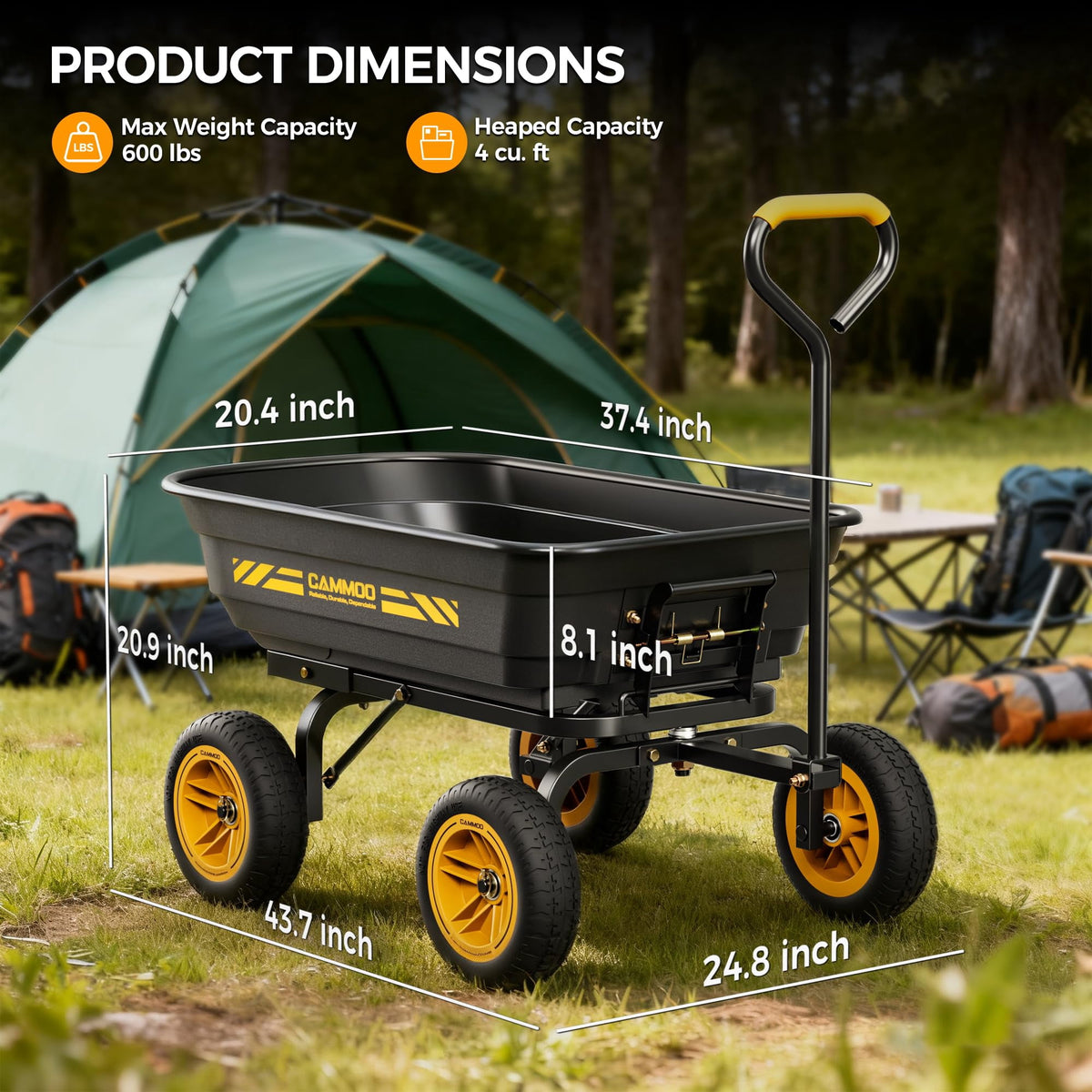 CAMMOO 600 lbs Utility Heavy-Duty Garden Dump Cart 4 Cu.Ft with 10" NO-FLAT TIRES for Landscaping Gardening