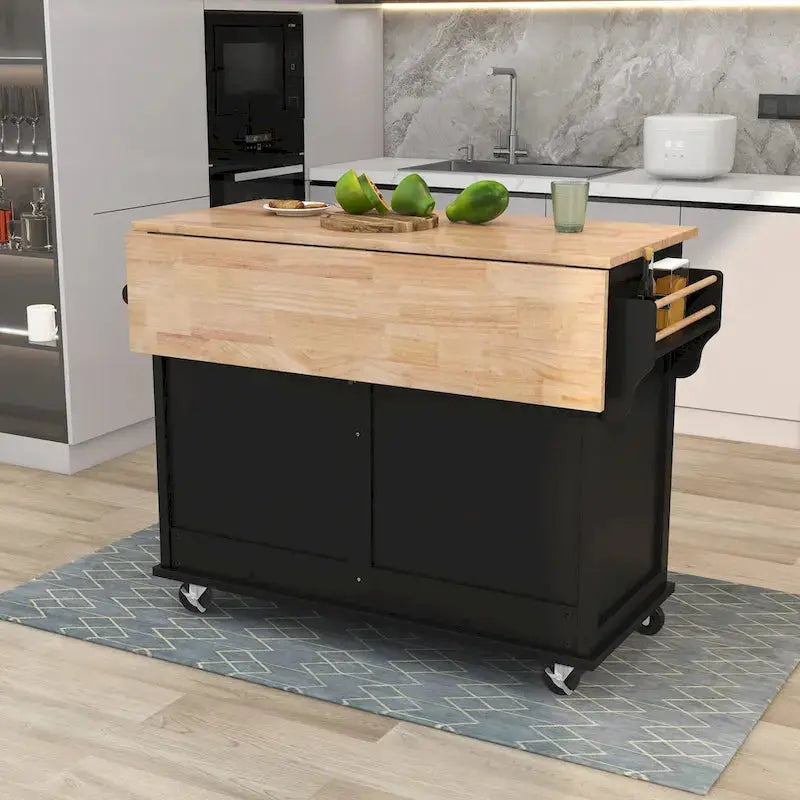 Rubberwood Kitchen Island Cart With Drop-Leaf Countertop, Concealed Barn Door Storage And 4 Locking Casters - 52.2 x 30.5 x 36.6 Inches