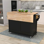 Rubberwood Kitchen Island Cart With Drop-Leaf Countertop, Concealed Barn Door Storage And 4 Locking Casters - 52.2 x 30.5 x 36.6 Inches