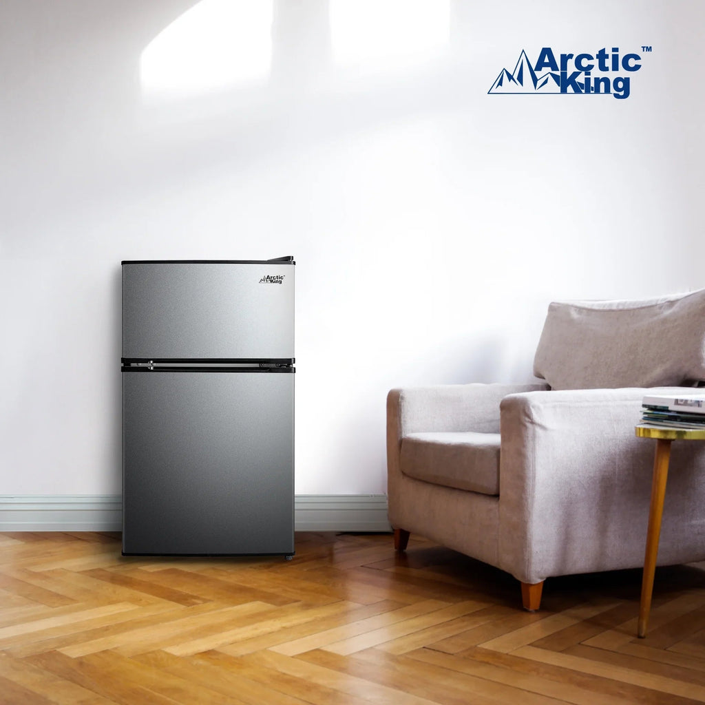 Arctic King Two-Door Mini Fridge With Freezer, 3.2 Cu. Ft., Stainless Steel