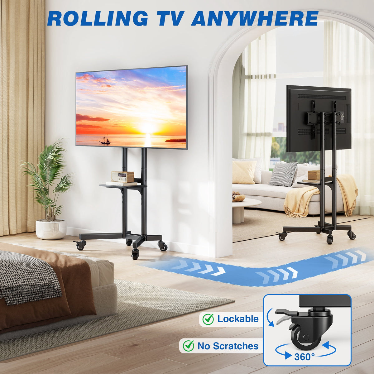 RTVR Modern Rolling TV Cart Stand on Wheels for 32-85 inch TVs, Black Swivel Mount Mobile Base Stand up to 150 lbs