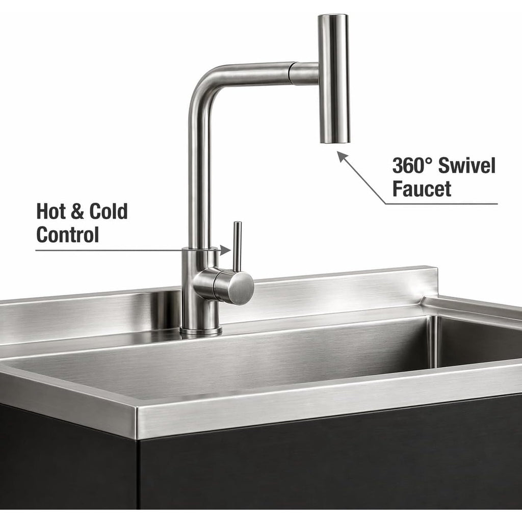 Commercial Stainless Steel Utility Sink, Heavy-Duty Freestanding Basin with Pull-Down Faucet for Garage Laundry Workshop, Silver/Black