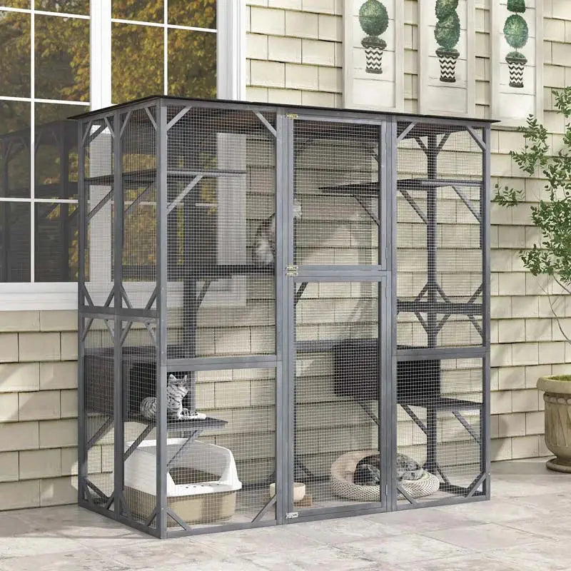 71-Inch Outdoor Wooden Catio Enclosure With 7 Platforms And 2 Condos - Grey