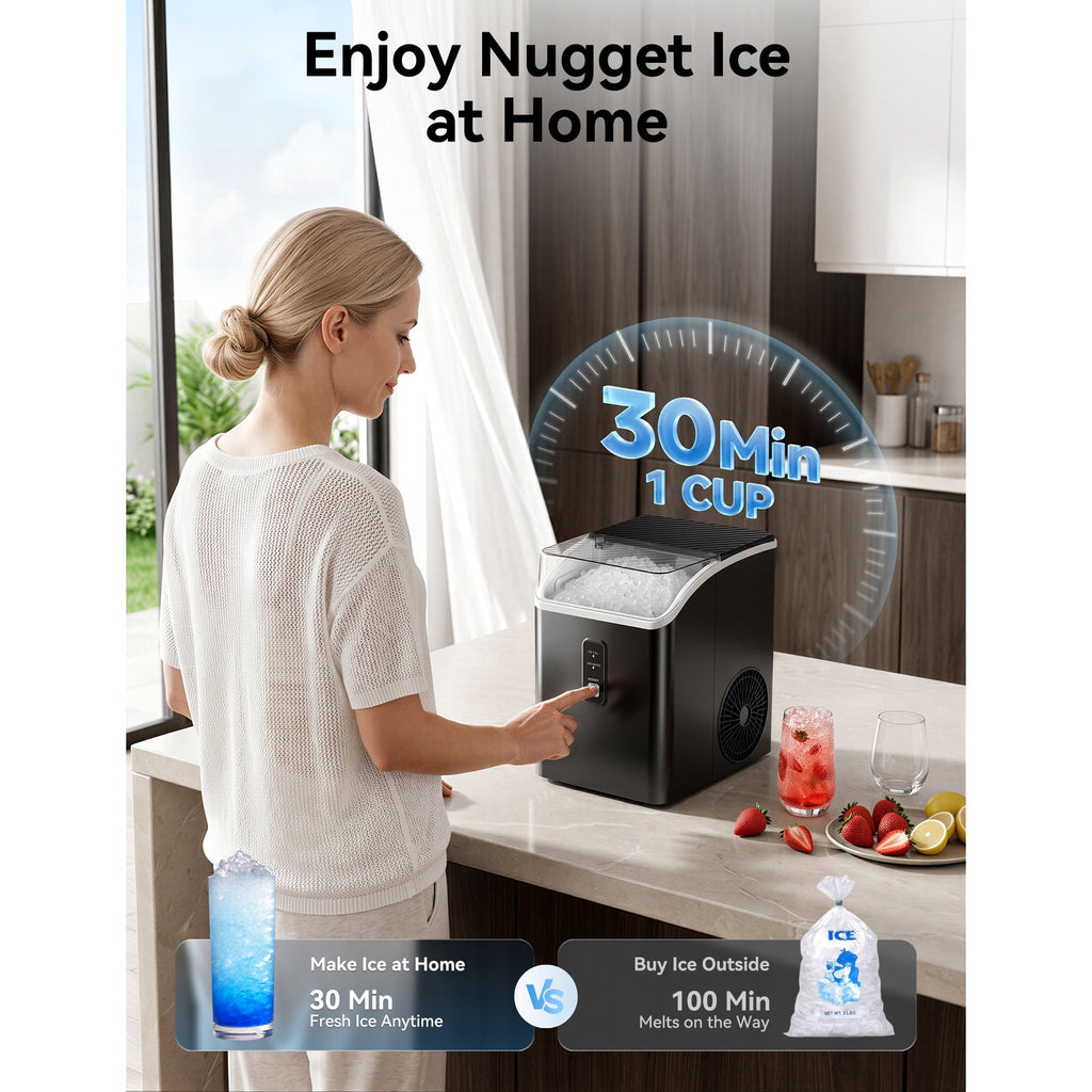 Goosiay Slim Countertop Nugget Ice Maker Machine, 33lb per Day Mini Compact Chewable Pebble Crushed Portable Ice Maker, Black