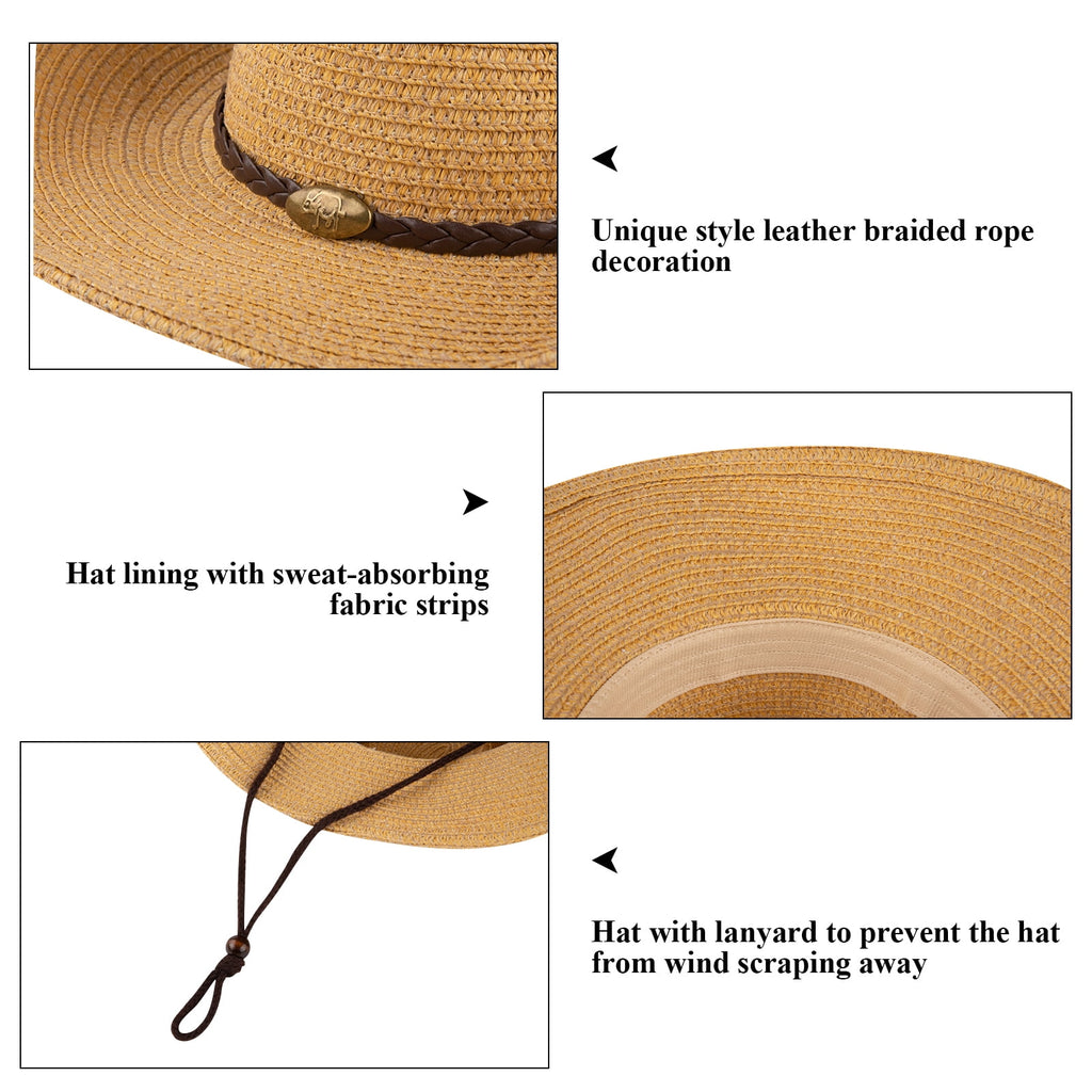 COOPLUS Straw Cowboy Hat for Women Western Cowgirl Adjustable Chin Strap Hats for Summer