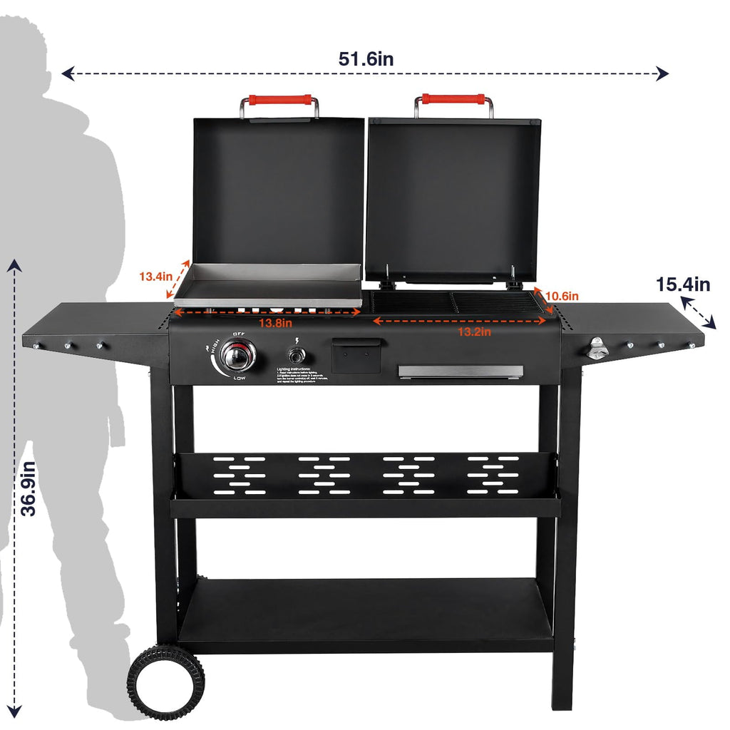 Frizi Charcoal and Gas Grill Combo with Black Dual Lids, Dual Fuel Propane Gas Grill with 2 Side Shelves for Outdoor Backyard Barbecue Cooking