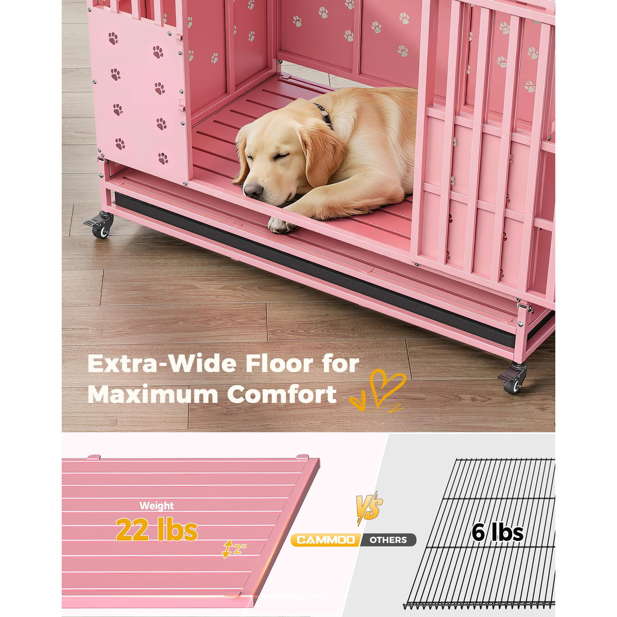 CAMMOO 48" Foldable Heavy Duty Dog Crate Cage for Large Dogs,XL Dog Kennel Indoor,4 Lockable Wheels,Widened Floor Panel,Adjustable Internal Height