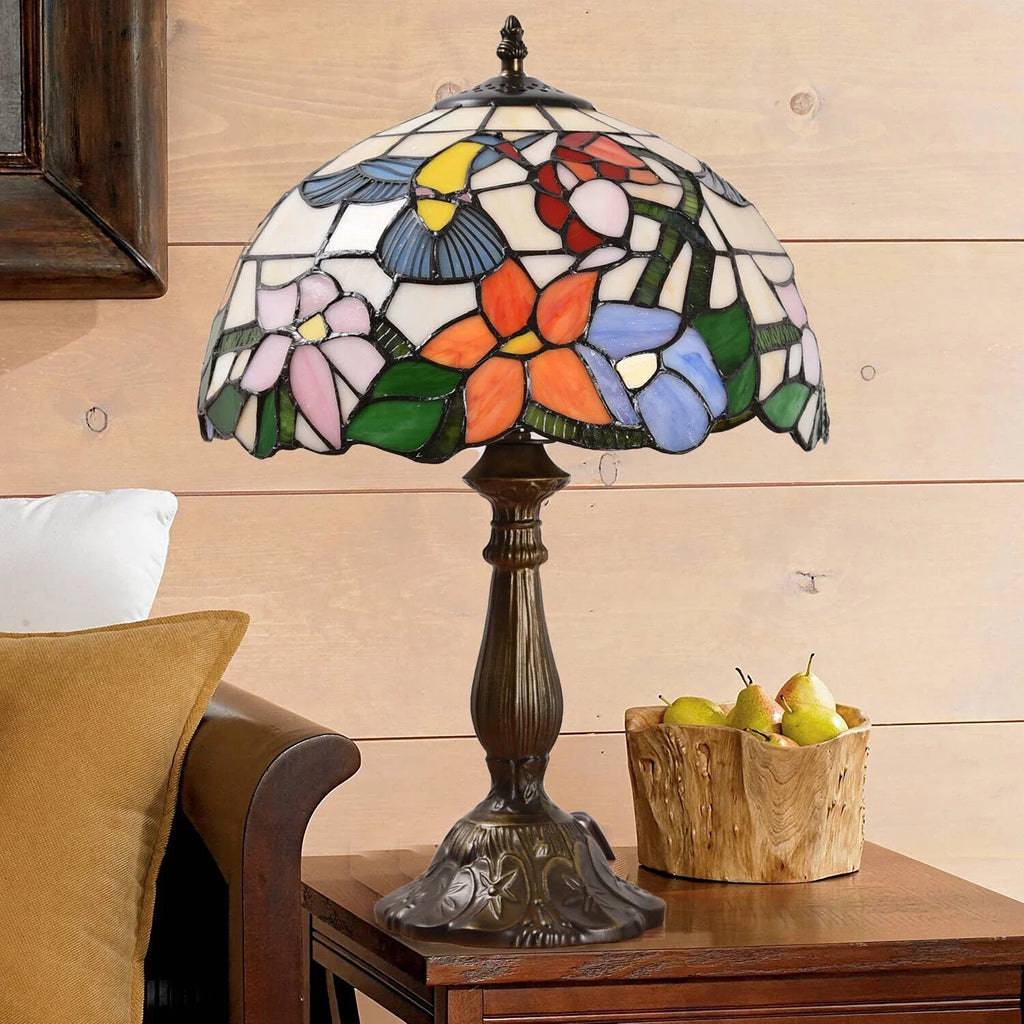 Tiffany Style Stained Glass Hummingbird Table Lamp 12in Shade, 18in Tall