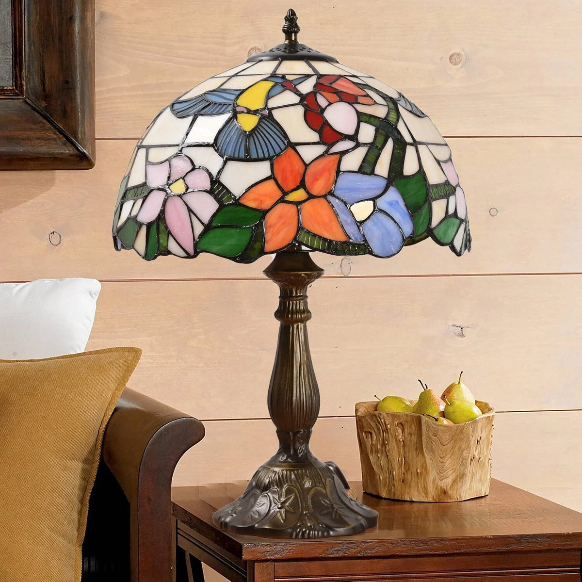 Tiffany Style Stained Glass Hummingbird Table Lamp 12in Shade, 18in Tall