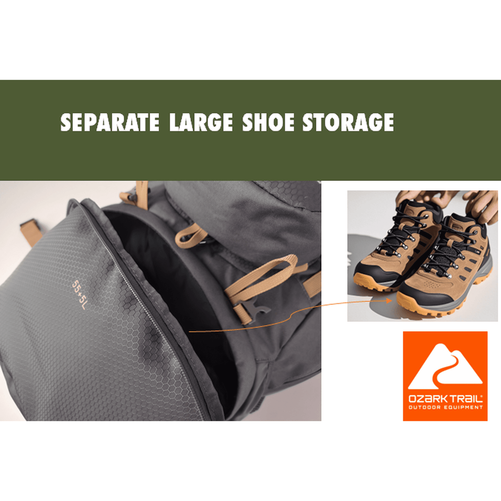 Ozark Trail Adult 60L Hiking Backpack, 420D Hexagon/600D Polyester, Tan and Gray