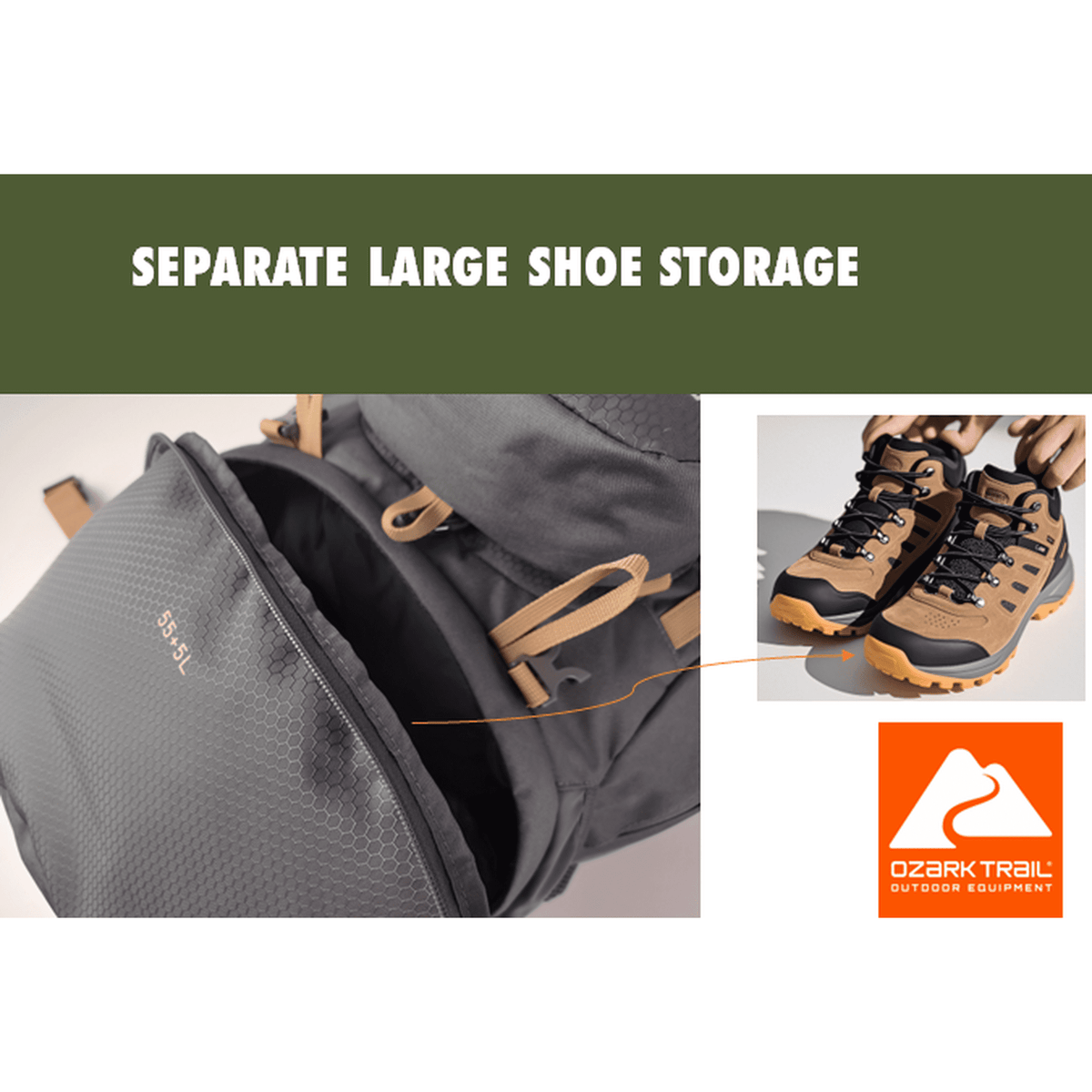 Ozark Trail Adult 60L Hiking Backpack, 420D Hexagon/600D Polyester, Tan and Gray