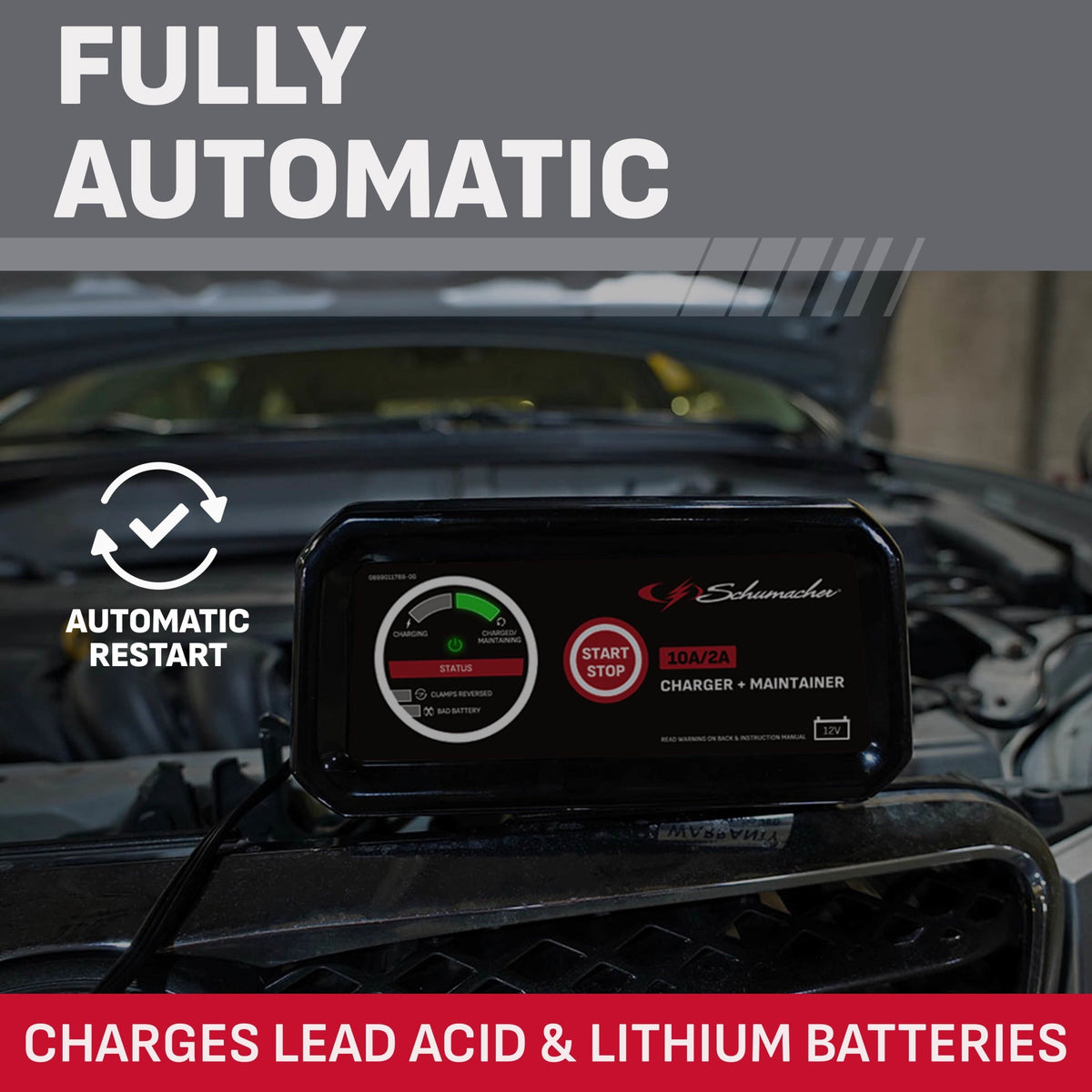 Schumacher Electric 10A Car Battery Charger and Maintainer, 2-in-1 Solution, 12V Sport, Auto, and Marine Batteries, SC1282
