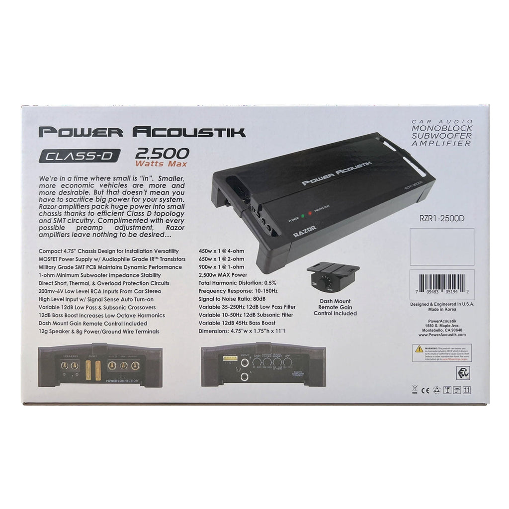 Power Acoustik 2 Ohm 2,500 Watt Max Subwoofer Amplifier (Model: RZR1-2500D)
