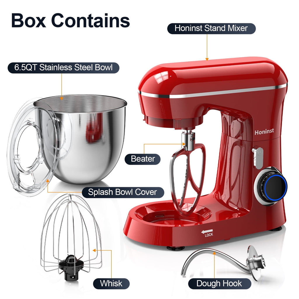 Honinst 6.5 QT Electric Stand Mixer, 10+P Speeds Lightweight with Tilt-Head Kitchen Stand Mixer, Dough Hook, Whisk, Beater and Bowl, Food Mixer for