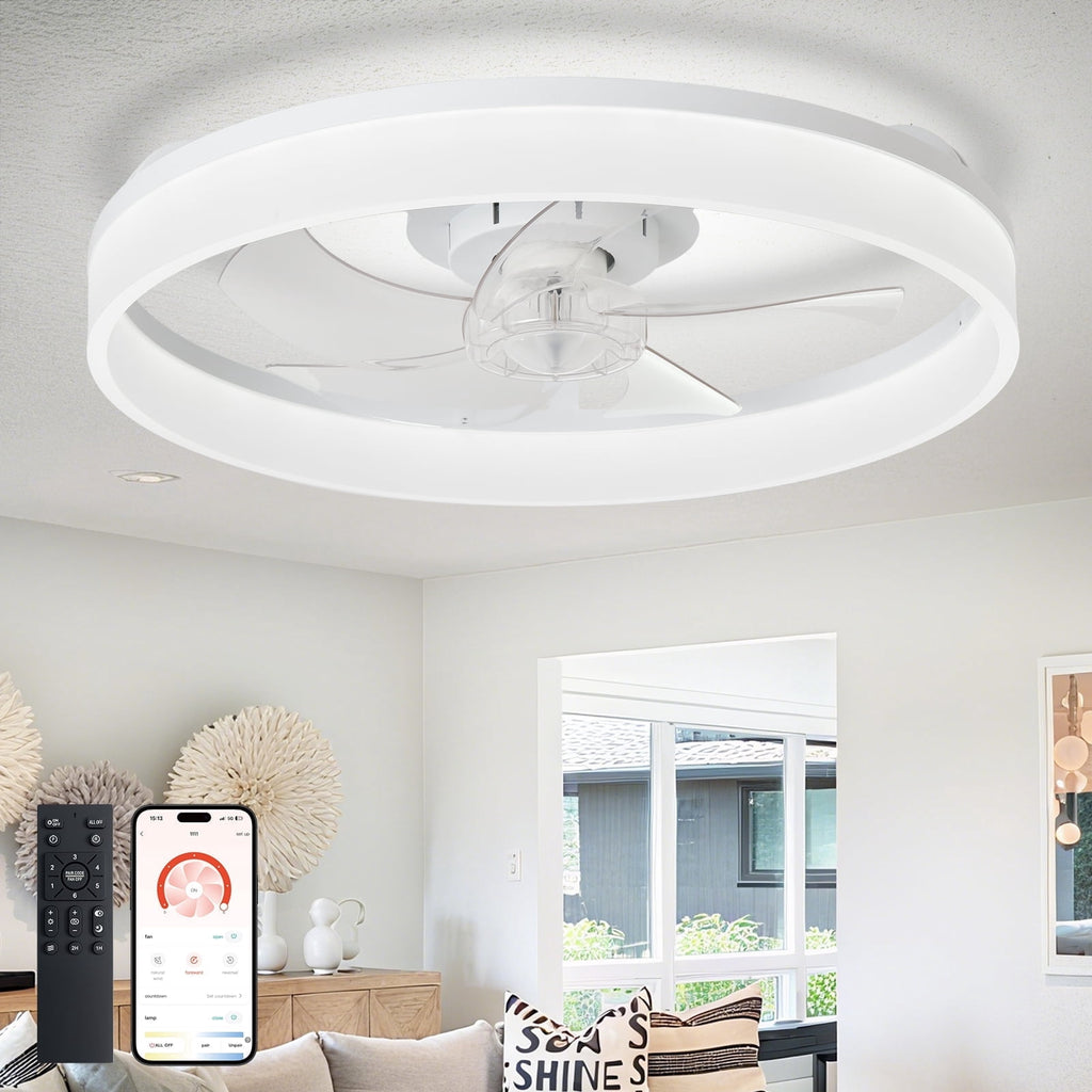 Depuley 20" White Flush Mount Ceiling Fan with Light - Low Profile, App & Remote Control, 6-Speed Quiet DC Motor, Dimmable LED for Bedroom