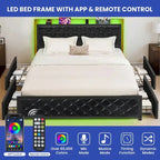 Moasis Queen Upholstered Faux Leather Platform Bed Frame With Headboard, 4 Storage Drawers, RGB LED Lights, USB-C Charging Ports - Black