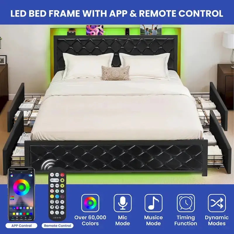 Moasis Queen Upholstered Faux Leather Platform Bed Frame With Headboard, 4 Storage Drawers, RGB LED Lights, USB-C Charging Ports - Black