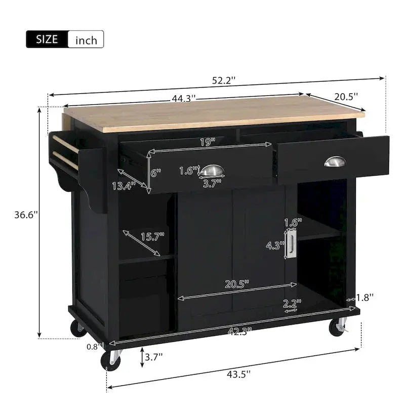 Rubberwood Kitchen Island Cart With Drop-Leaf Countertop, Concealed Barn Door Storage And 4 Locking Casters - 52.2 x 30.5 x 36.6 Inches