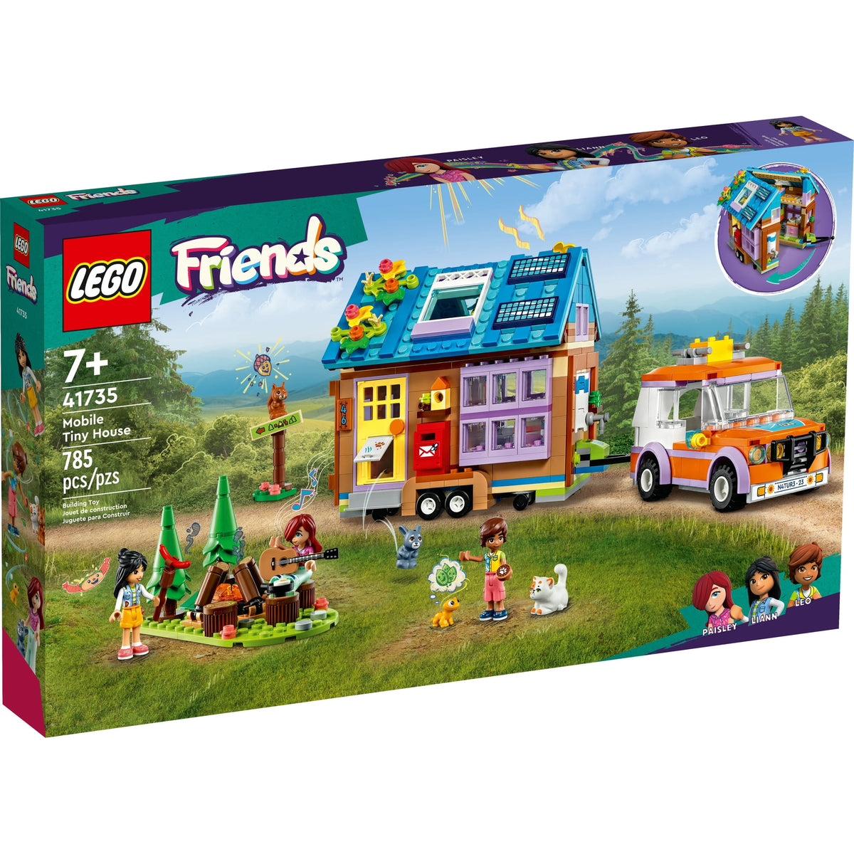 LEGO Friends Mobile Tiny House 41735, Forest Camping Dollhouse Pretend Play Set with Toy Car, Includes Leo & Liann Friendship Mini-Dolls, Gift Idea
