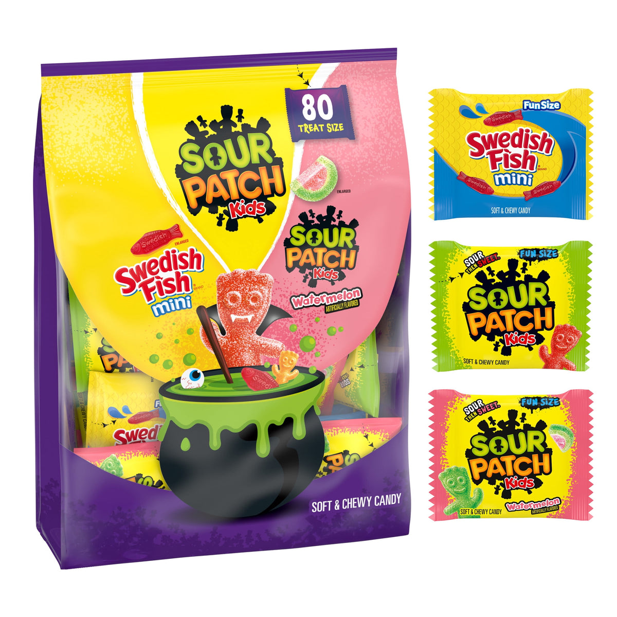 SOUR PATCH KIDS & SWEDISH FISH Mini Soft & Chewy Gummy Halloween Candy Variety Pack, 80 count