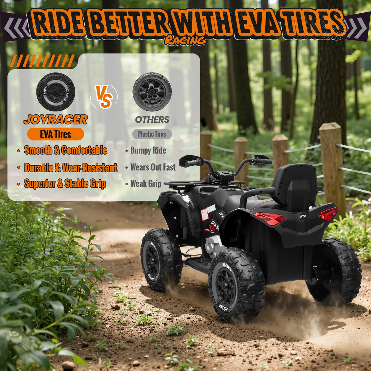 Joyracer ATV for Kids, 24 Volt Ride on Toys, 800W 4 Wheeler with 2 XL Seater, EVA Tires Power Car Wheels with Remote, Knee Pad, Music, Bluetooth, USB