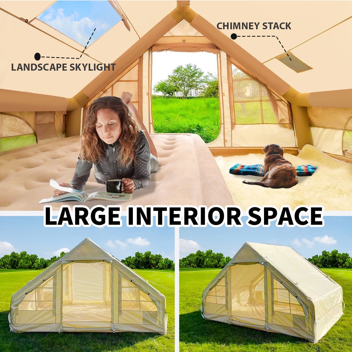 4-6 People for Camping Inflatable Tent, Glamping Tent with Stove Jack , 4 Seasons available Waterproof Blow Up Tent