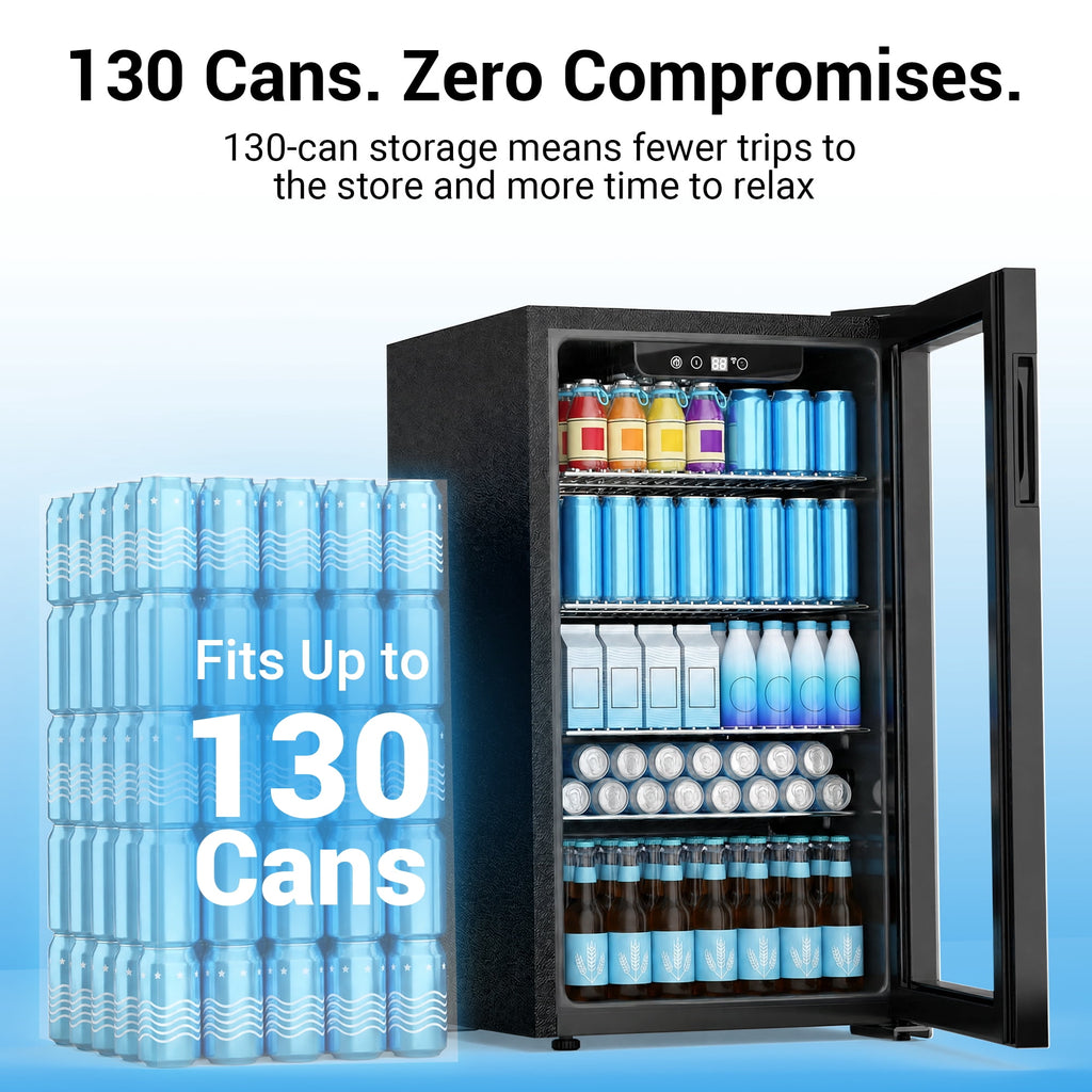 Snowyermine 130 Can Beverage Refrigerator and Cooler with Glass Door for Home, 17.3 in W, 31.5 in H, Black