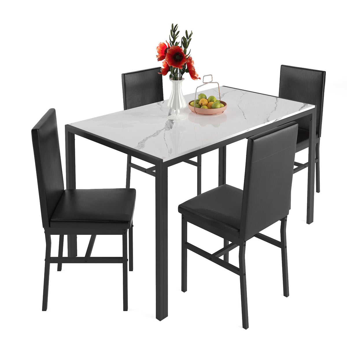 5 Piece Kitchen Dining Table and Chair Set, Dining Room Table Set with Faux Marble Table PU Leather Padded Chairs, Rectangle Dining Table Set for 4