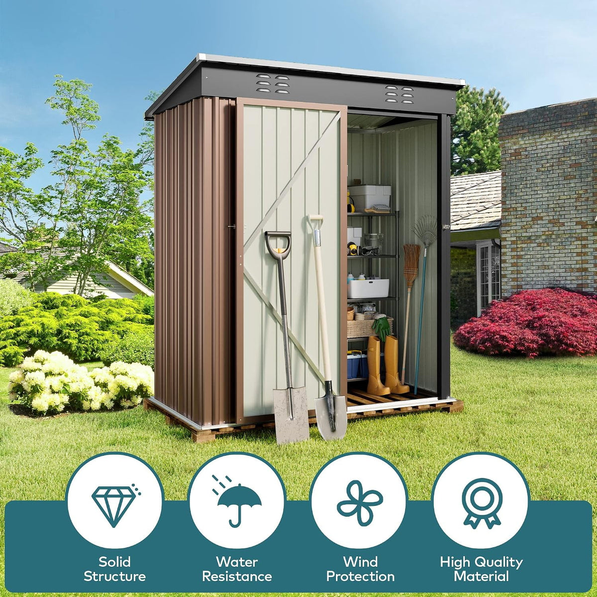 Asofer Outdoor Metal Storage Shed, 5' x 3' ft Lockable Single Door Garden Tool Shed, Brown for Backyard Patio