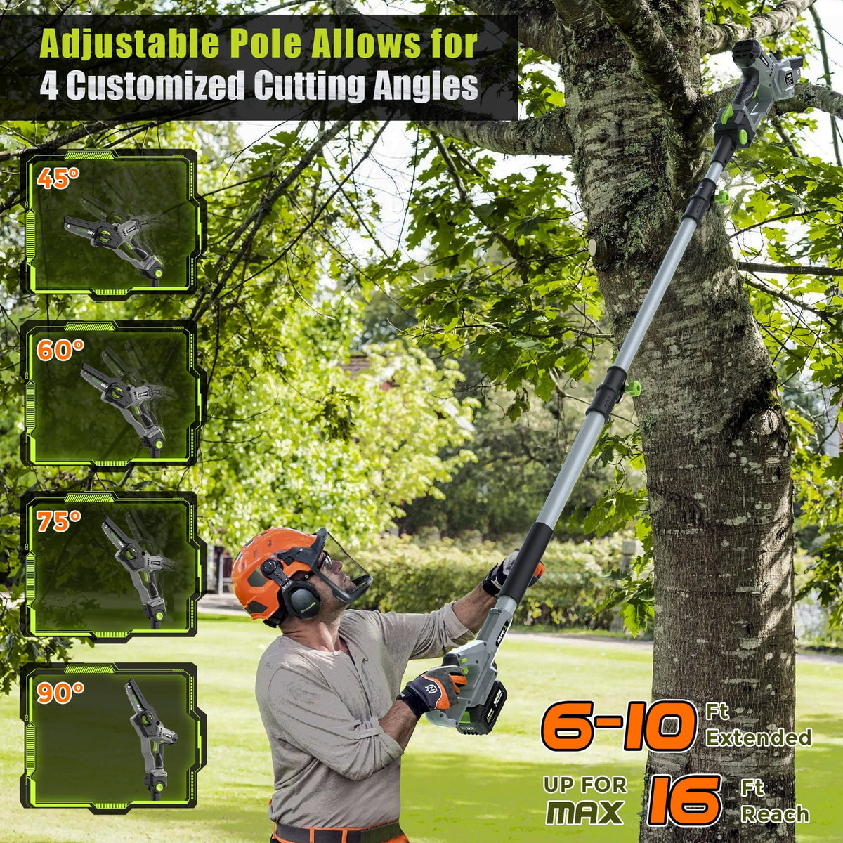 Vipuse 2-in-1 Cordless Pole Saw with 4.0Ah Rechargeable Batteries and 2.0Ah Fast Charger,16ft Max Extension,7 inch Mini Brushless Chainsaws for Tree