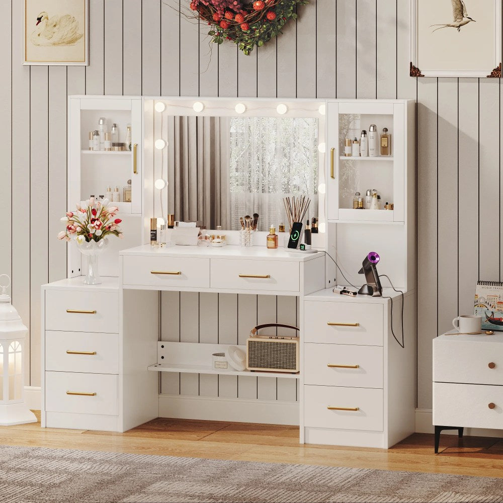 UGTOO LED Makeup Vanity Desk With Mirror, 58.27in, 10 Adjustable LED Bulbs, 8 Drawers, 2 Cabinets, White