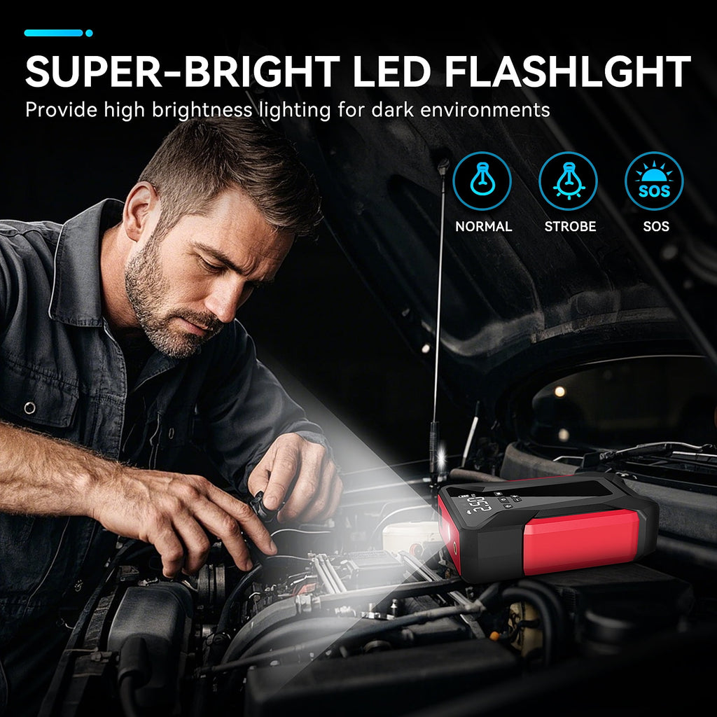 8-in-1 Emergency Jump Starter & Tire Inflator – 4000A Peak for Gas/Diesel Engines, 150PSI Auto-Stop Air Compressor, LED Light + Power Bank | All