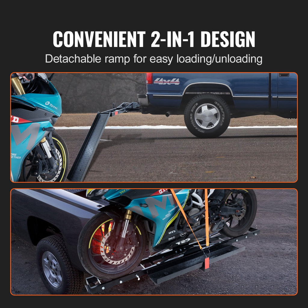 KFFKFF Steel Motorcycle Carrier, 600 LBS Capacity, Includes Ramp, Tie-Down Straps & Stabilizer, Fits 2" Hitch Receivers on Cars & Trucks