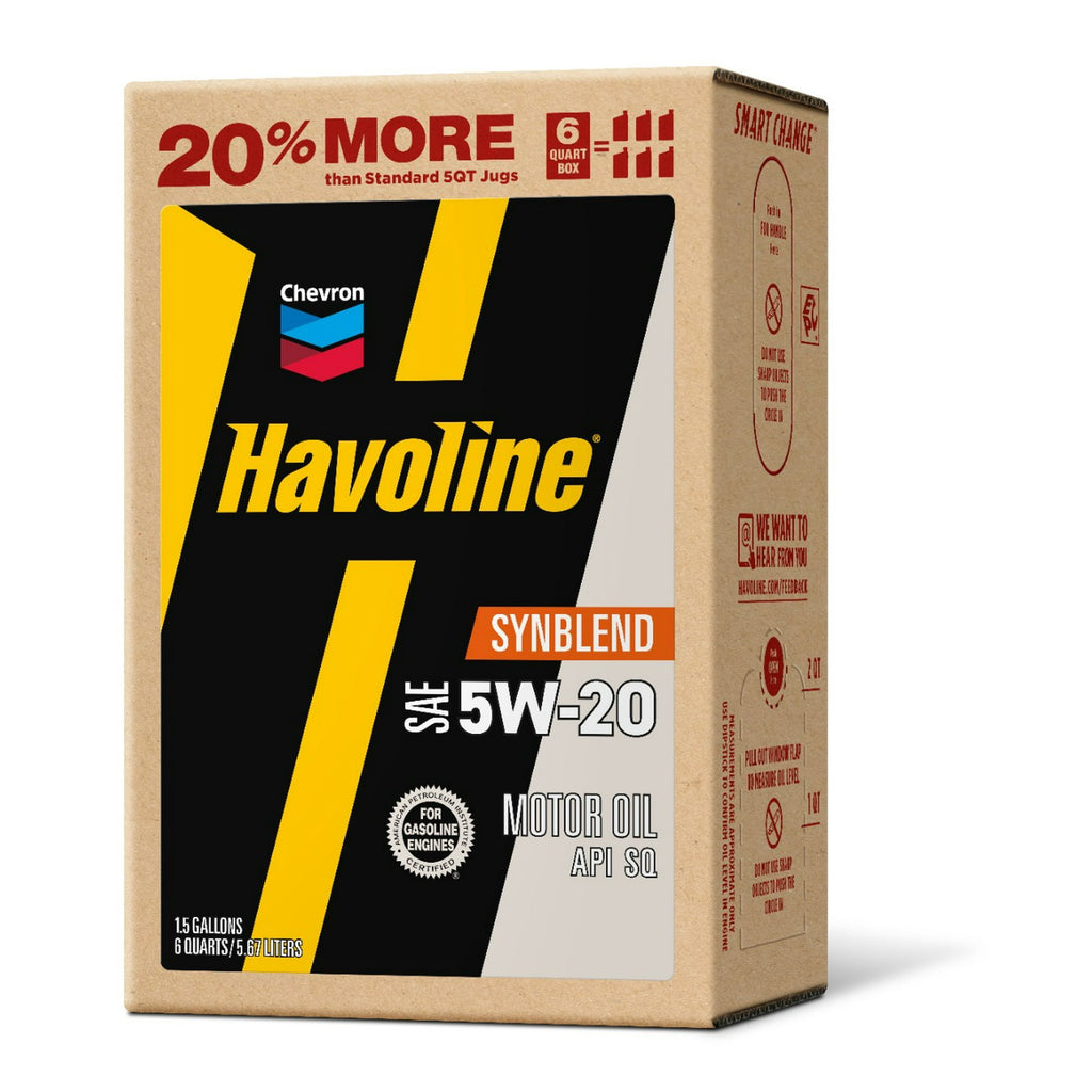 2 pack) Chevron Havoline Synthetic Blend Motor Oil 5W-20, 6 Quart, Smart Change Box