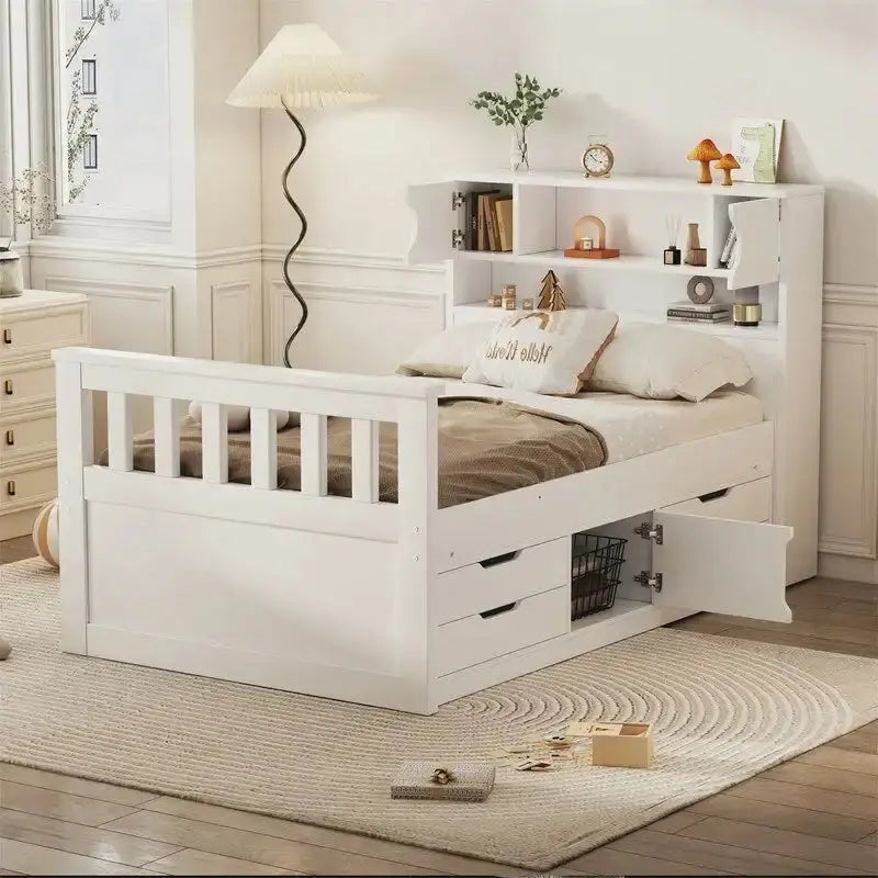 Twin/Full Captain Bed With 4 Drawers And Bookcase Headboard - Solid Wood Platform Frame