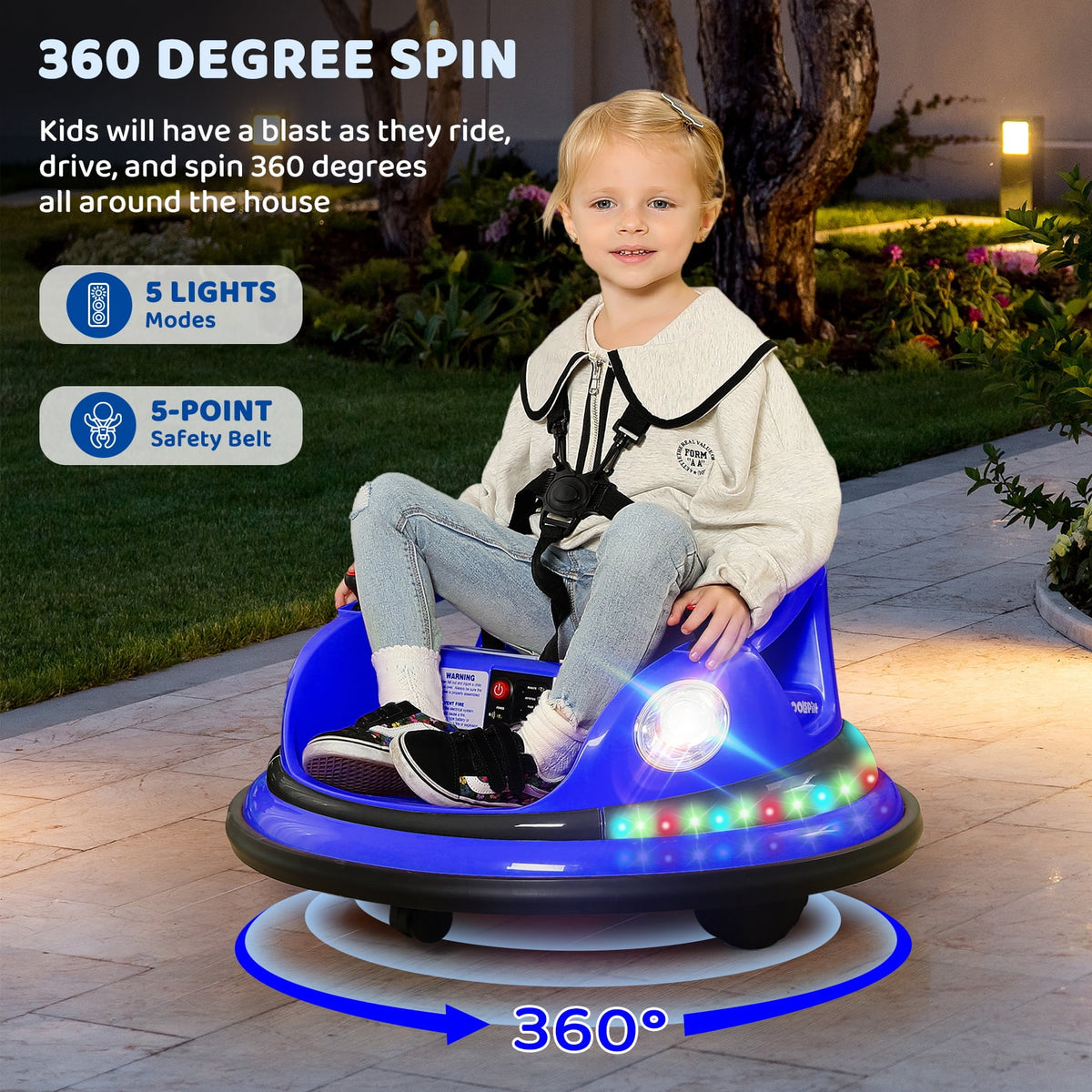 12V Bumper Car,Neche Ride On Toys for Toddlers,360° Spin Toddler Car with Remote,5 LED Lights,Blue