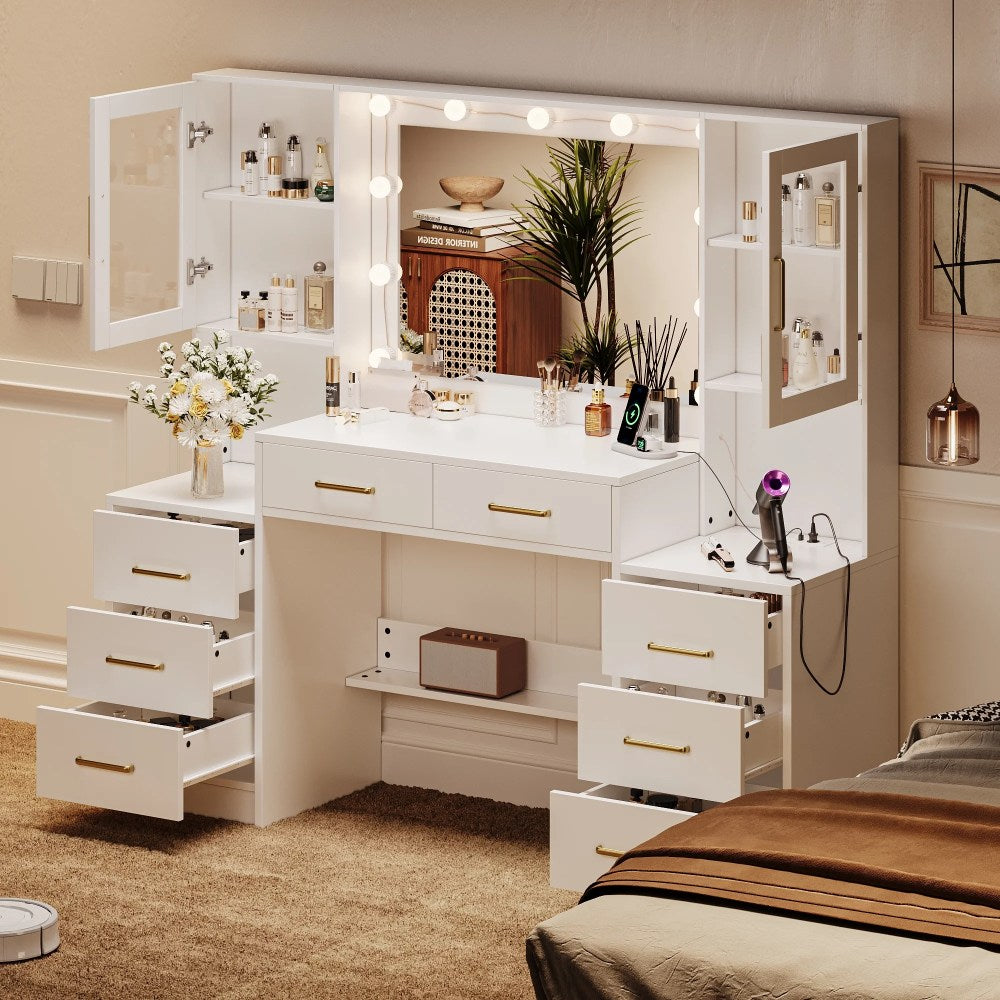 UGTOO LED Makeup Vanity Desk With Mirror, 58.27in, 10 Adjustable LED Bulbs, 8 Drawers, 2 Cabinets, White