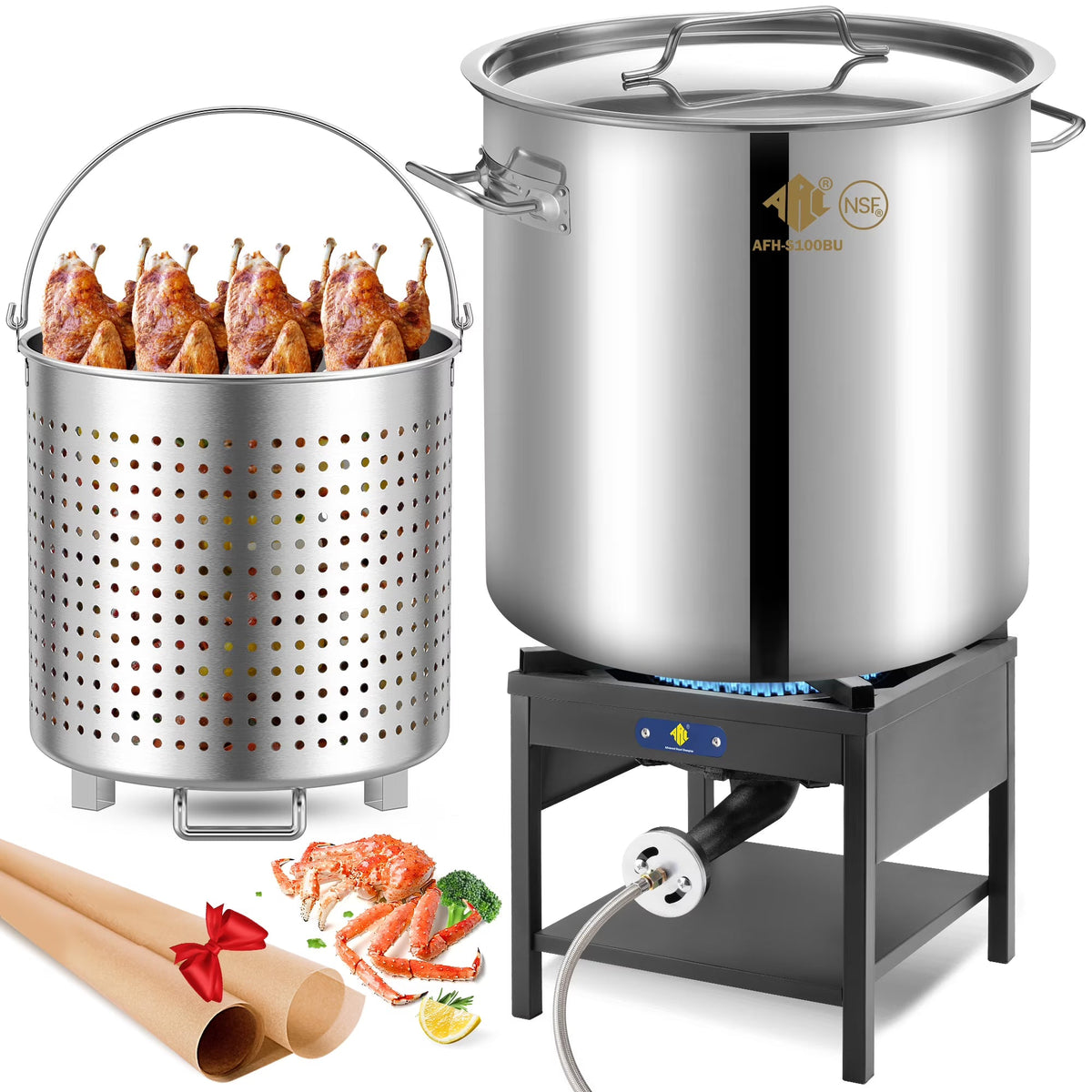 100QT Stainless Steel Seafood Boiling Kit With 82QT Basket And 200,000BTU Propane Stove