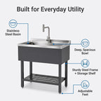 Commercial Stainless Steel Utility Sink, Heavy-Duty Freestanding Basin with Pull-Down Faucet for Garage Laundry Workshop, Silver/Black