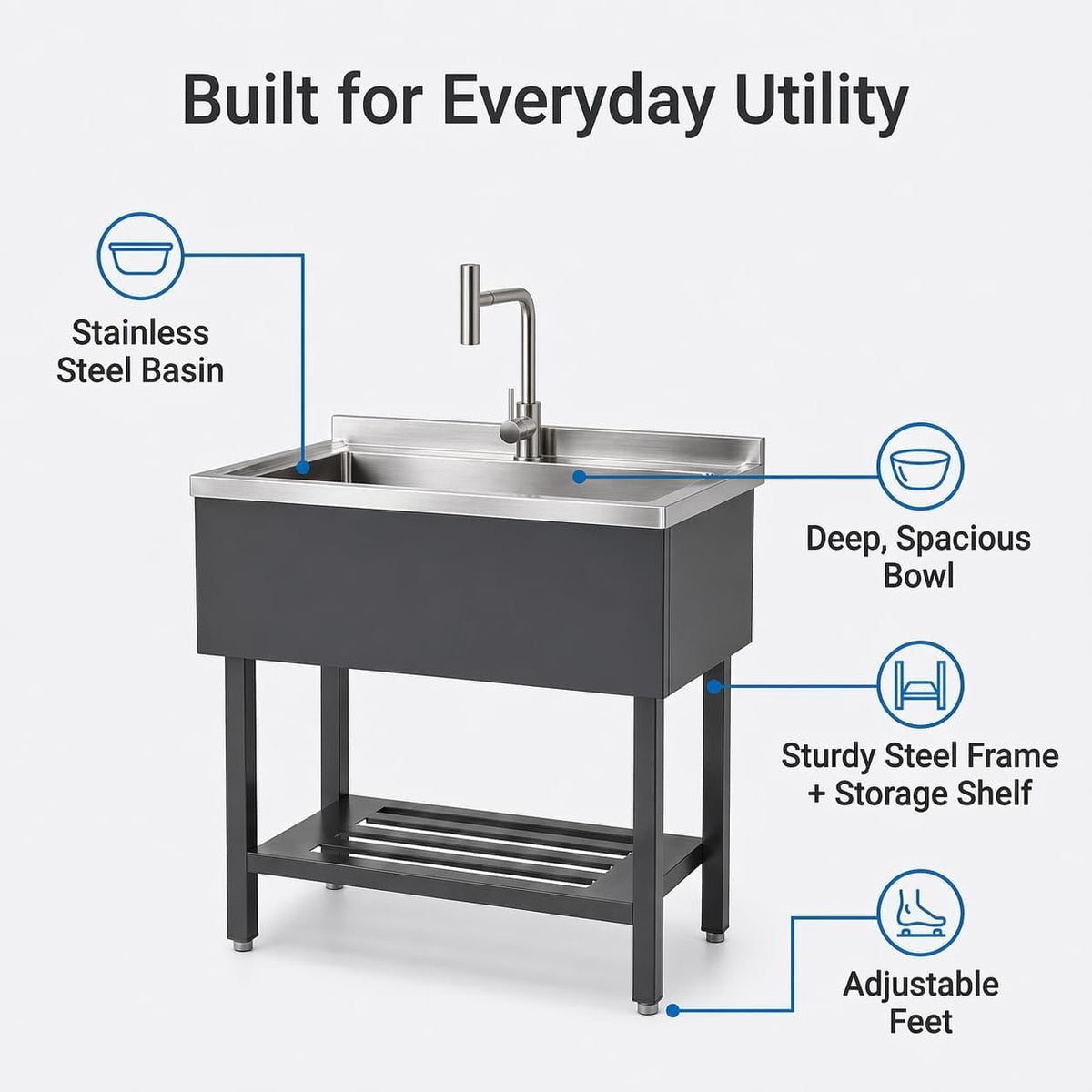 Commercial Stainless Steel Utility Sink, Heavy-Duty Freestanding Basin with Pull-Down Faucet for Garage Laundry Workshop, Silver/Black