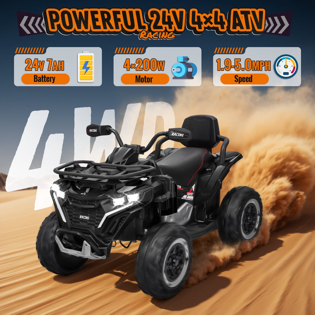 Joyracer ATV for Kids, 24 Volt Ride on Toys, 800W 4 Wheeler with 2 XL Seater, EVA Tires Power Car Wheels with Remote, Knee Pad, Music, Bluetooth, USB