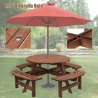 8-Person Fir Wood Round Picnic Table Set With 4 Built-In Benches And Umbrella Hole